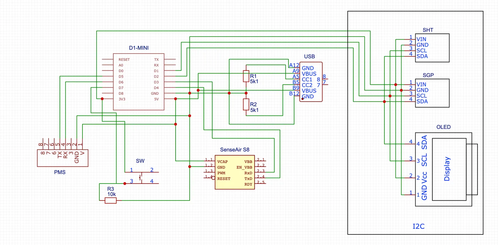 The schematics of PCB v 3.7. PCB v 4.2 only change is that the push button pulls to ground and does not need a pull down resistor as the D1 has an integrated one.