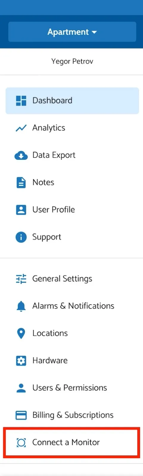 Figure 25: Connect a Monitor Sidenav Menu Item
