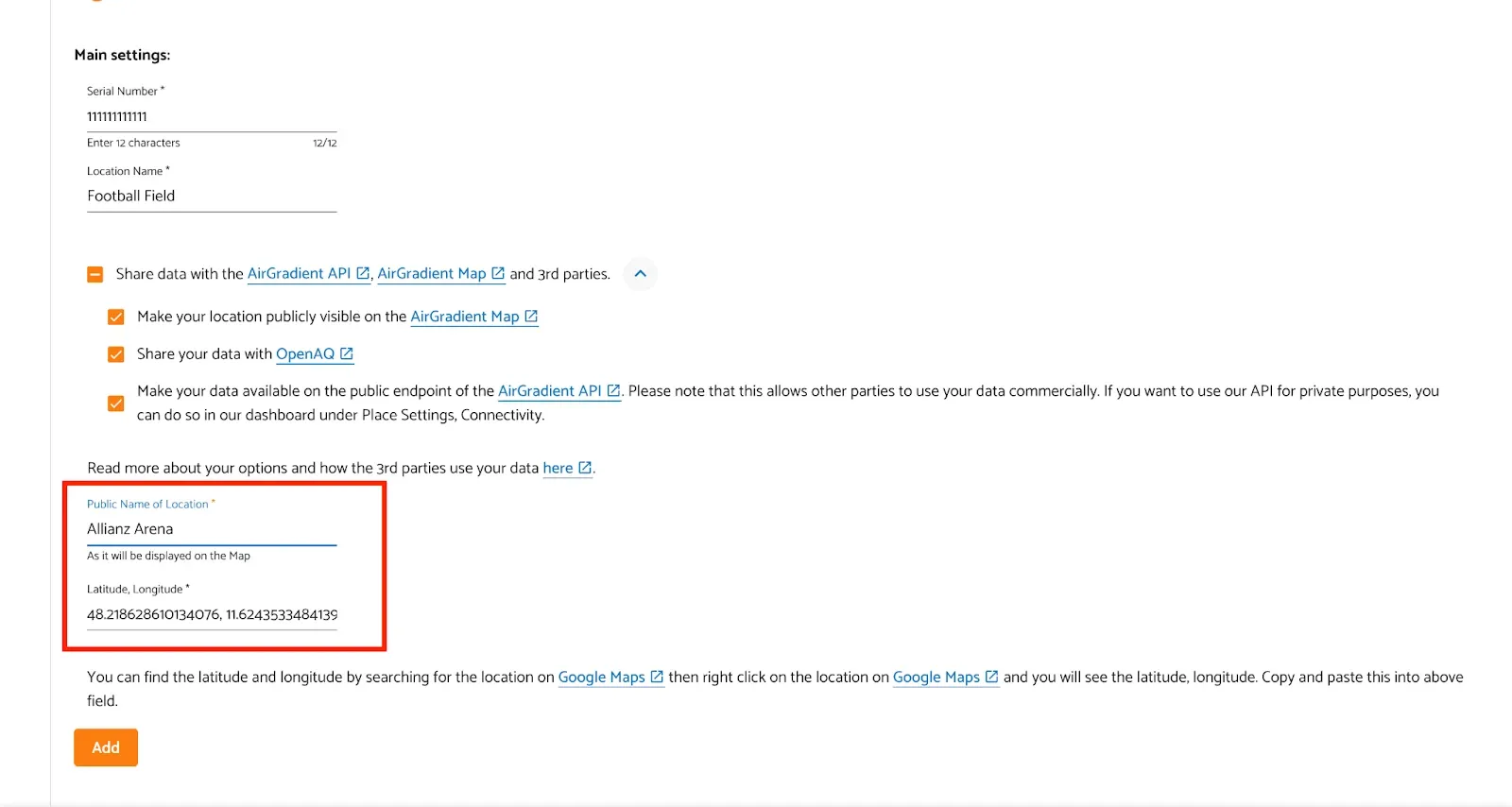 Onboarding page, Public Name of Locations and Latitude & Longitude fields