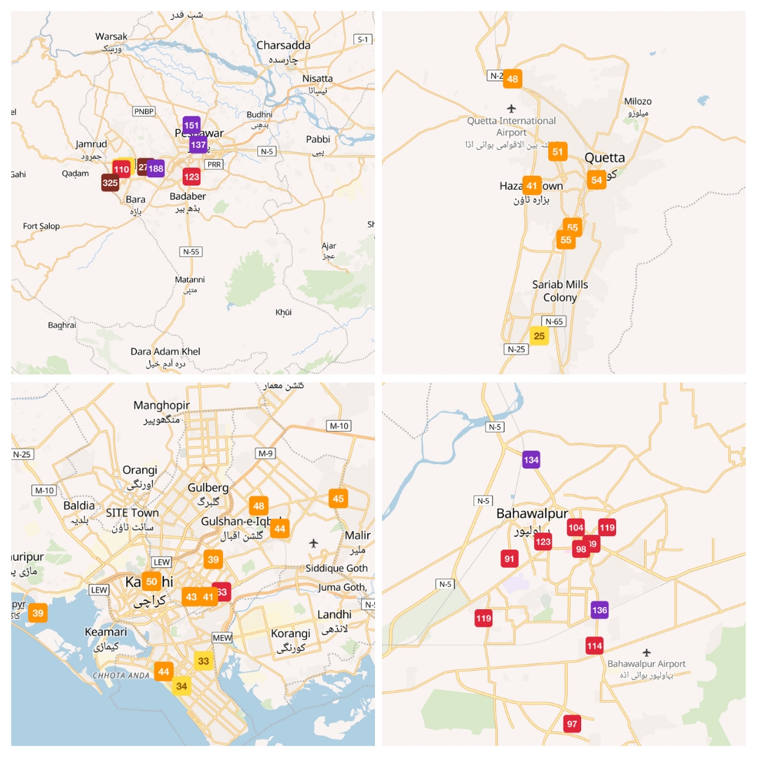 Sensors deployed by the Urban Unit in the cities of Peshawar, Quetta, Karachi, and Bahawalpur